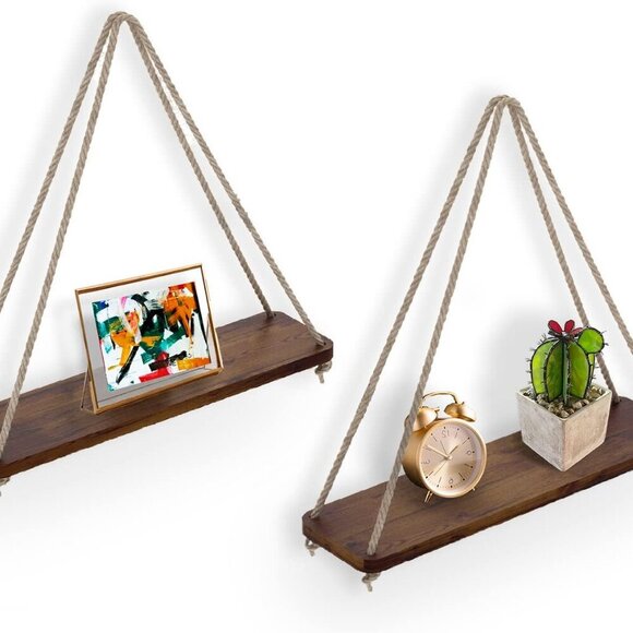 Hanging Shelves for Wall - Set of 2 – Rustic Farmhouse Boho Shelves with String– - Picture 1 of 7